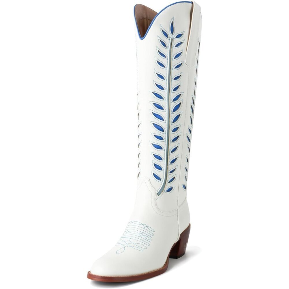 ⚡Women White Faux Leather Knee High Round toe 2 Inch Chunky Heel Cowgirl Boots
